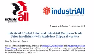 IndustriALL Global Union and industriAll European Trade Union in solidarity with Appledore Shipyard workers